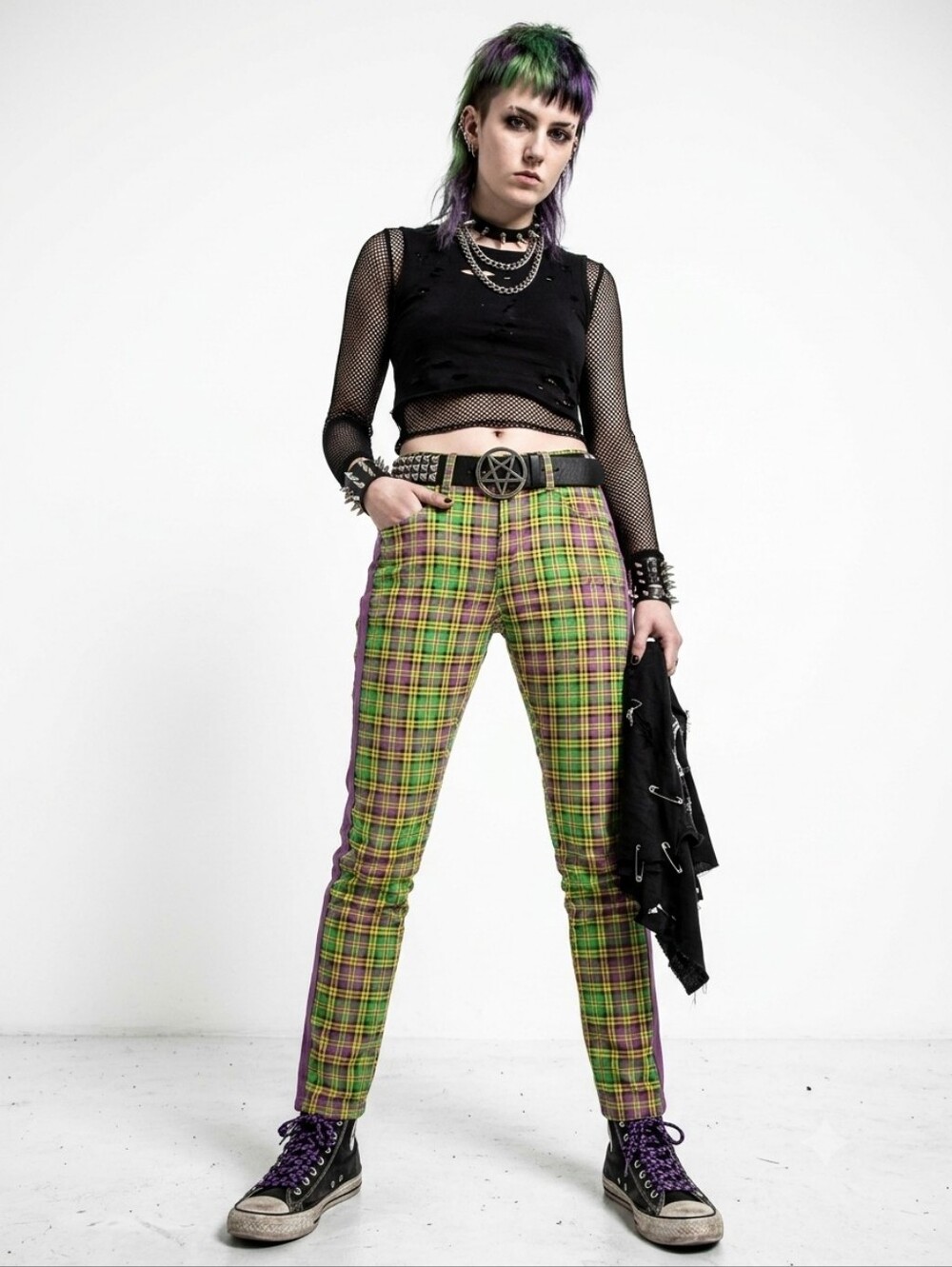 Decibel Unisex Plaid Racer Stripe Emo Skinny Jeans Size 30×32 Green Purple... - Picture 3 of 16